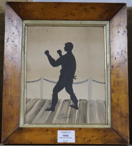 19th century English School, cut paper and watercolour silhouette, full length profile of the boxer Tom Cribb, 24 x 19cm, original bird